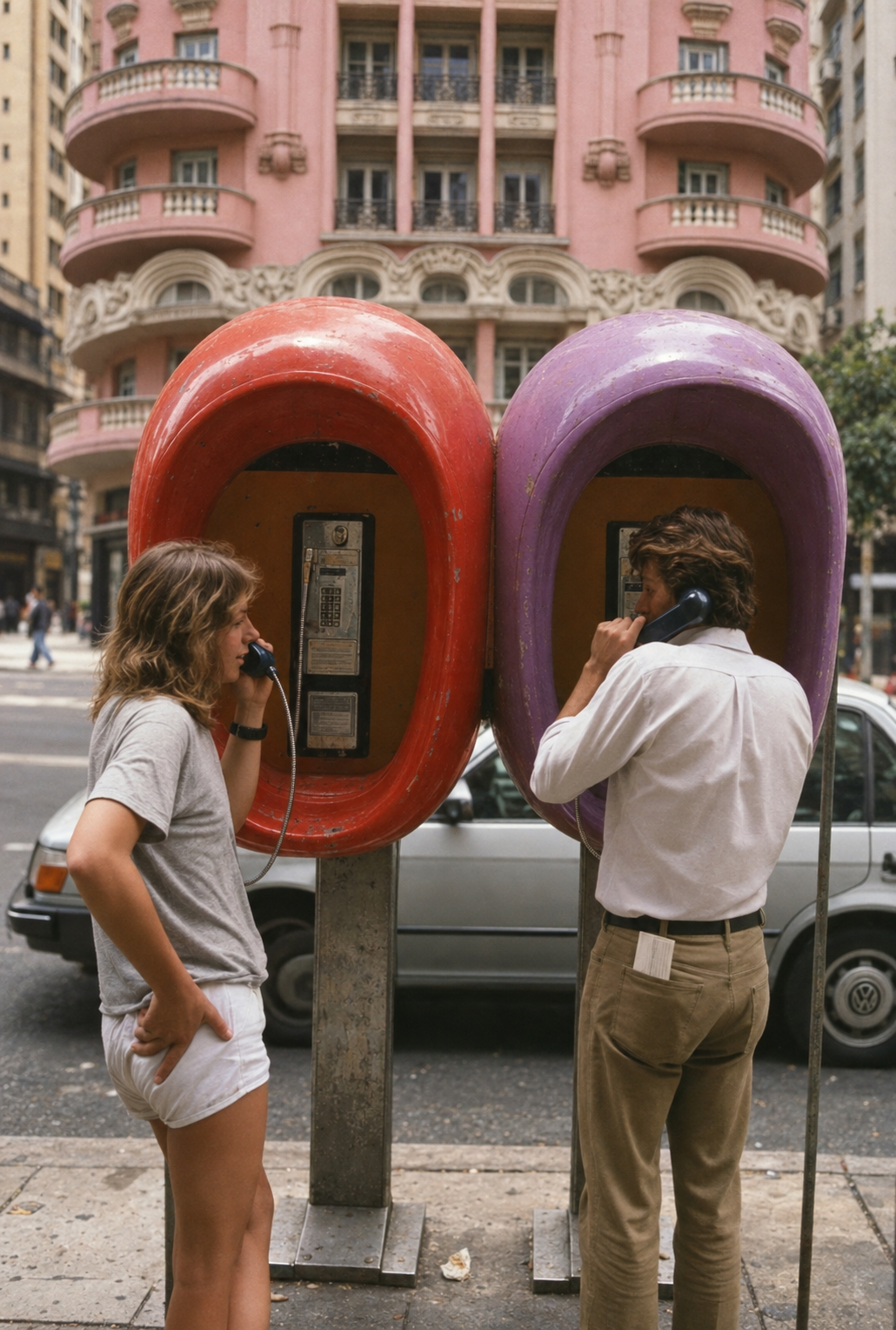Duas pessoas conversando em orelhões diante de um edifício rosa em São Paulo